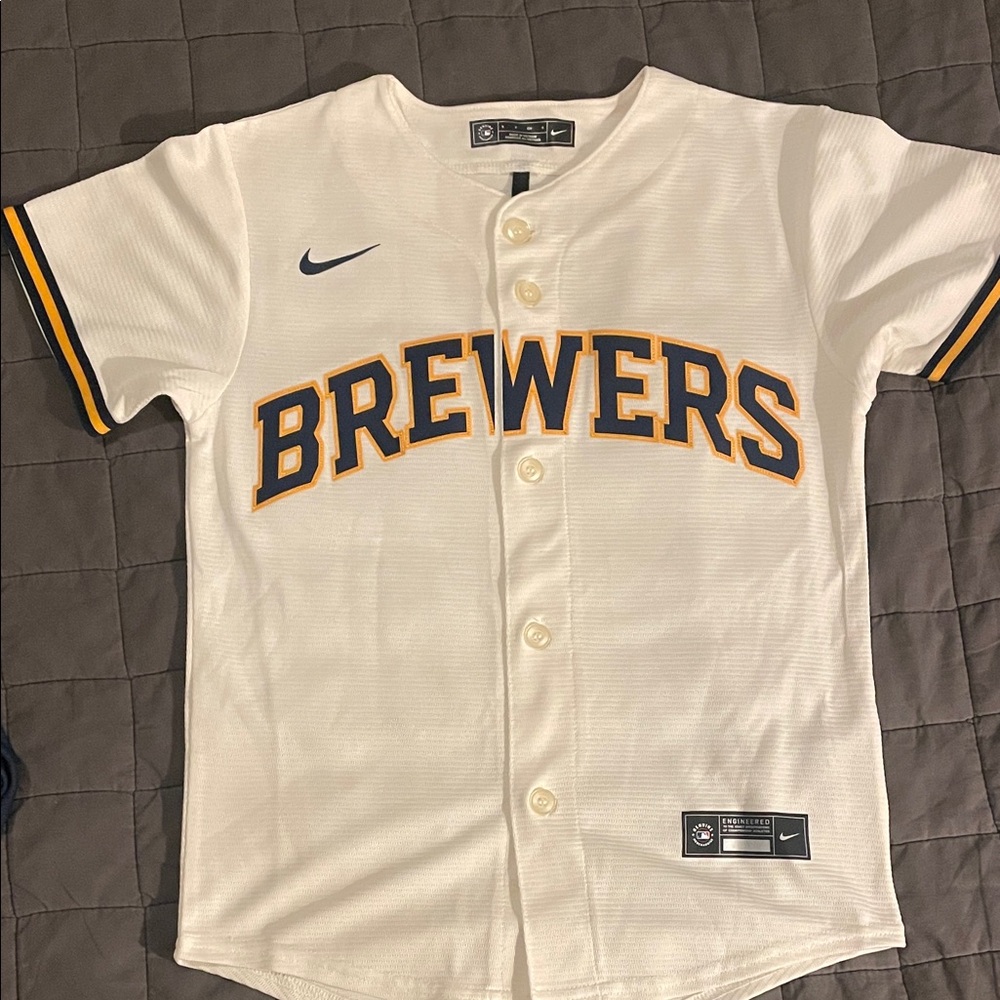 Nike Brewers White Jersey with Navy and Gold Trim